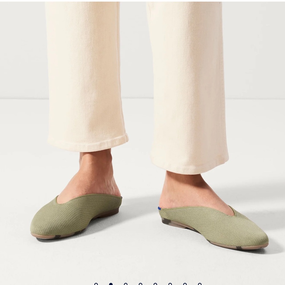 Rothy's Olive Green Pointed Slip-On Flats with Blue Heel Accent - Picture 2 of 13
